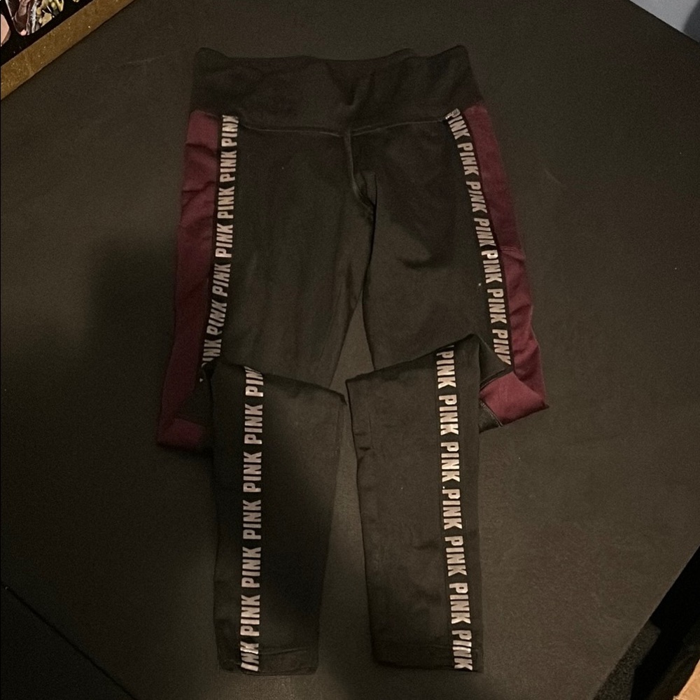 Black and Burgundy Leggings with Pink Logo